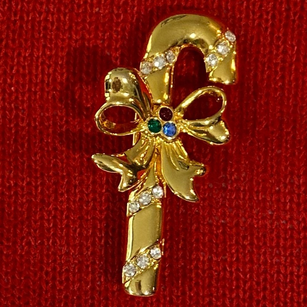 Candy Cane Brooch pin with crystals Gold tone